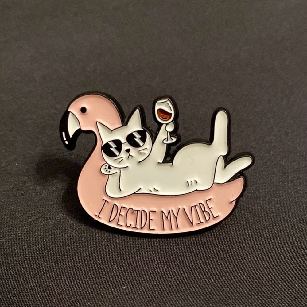Chill Kitty Enamel Cat Pin | She Relaxes and Drinks Vino on a Flamingo 3FER